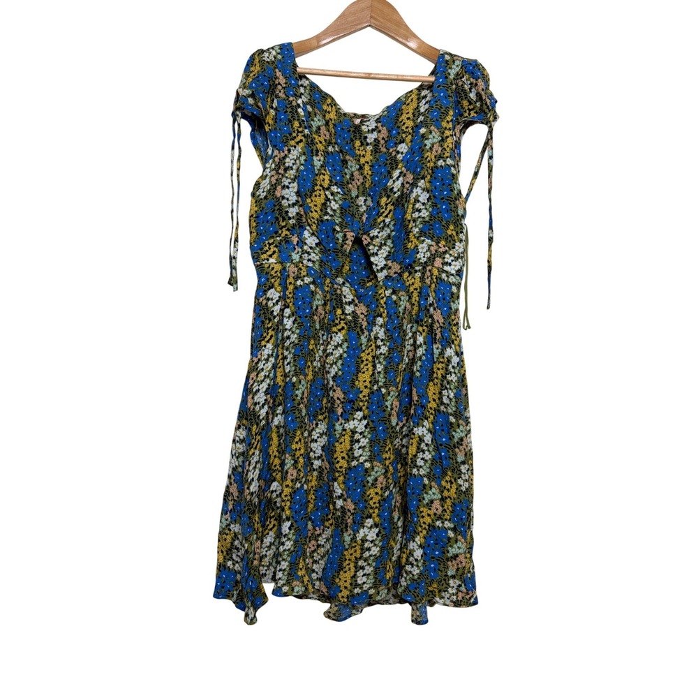Free People Floral Mini Dress Blue Yellow Cutout Tie Shoulder Womens Size Medium